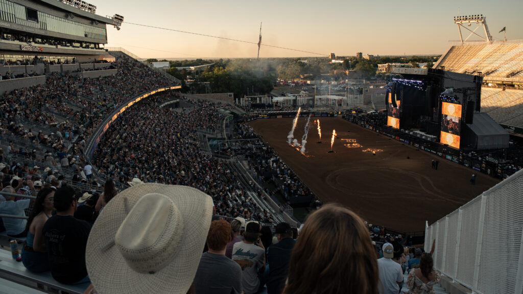 A stadim filled with fans watching the PBR show action at the CSU Canvas Stadium