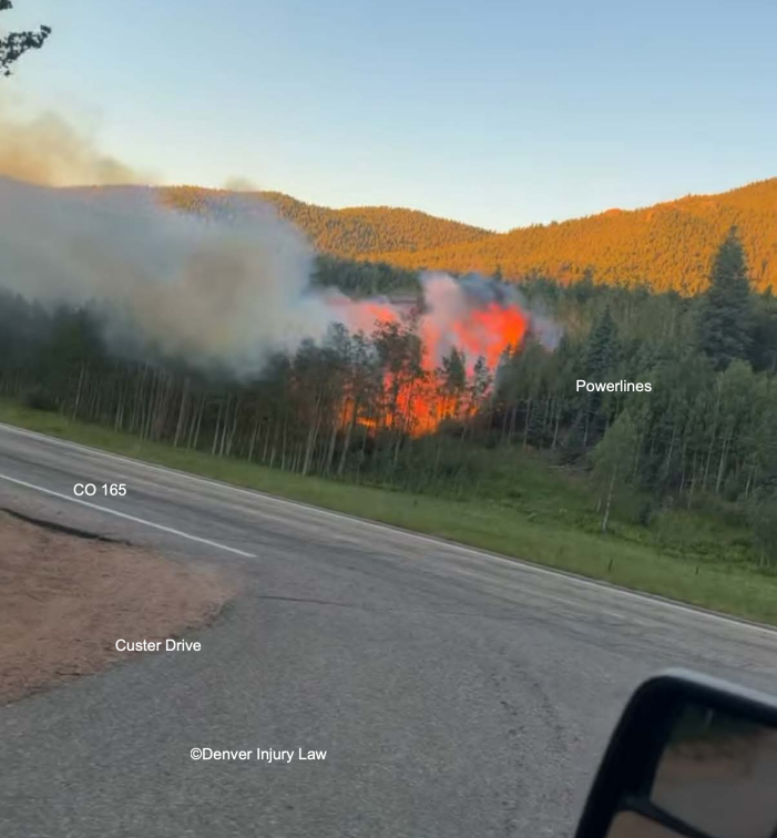 Photo included in the lawsuit showing the alleged start of the Aspen Acres fire along Colorado 165 near 17245 CO-165. (Courtesy of Denver Injury Law).