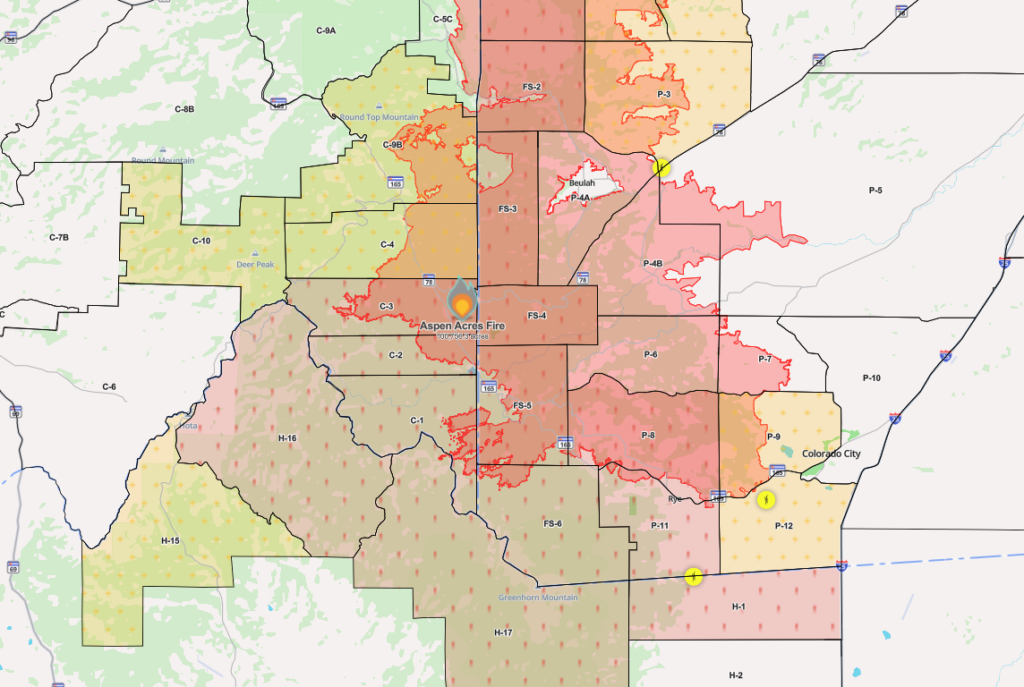 Evacuation zone map for Aspen Acres fire