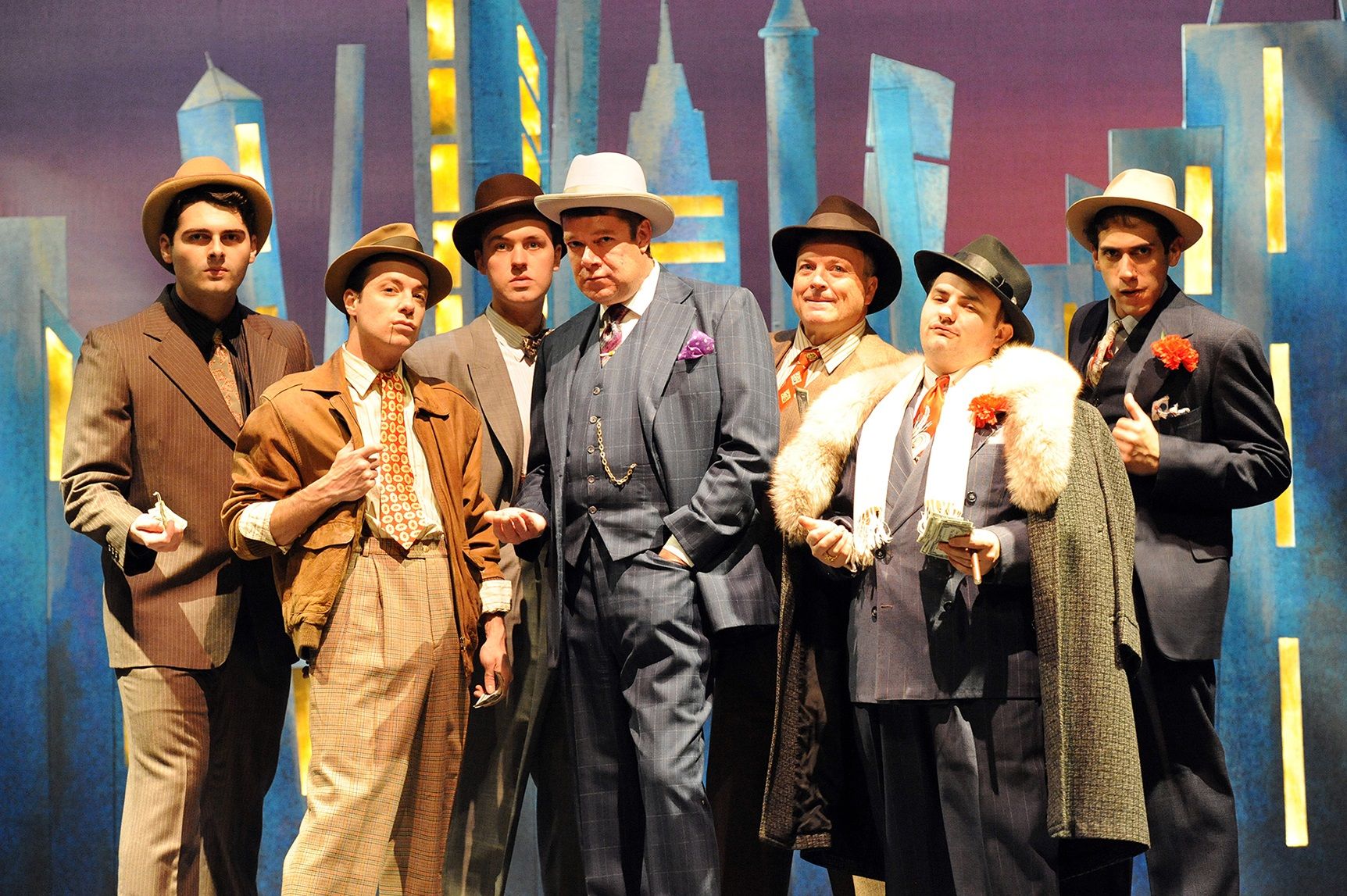 This file photo shows the Colorado Springs Fine Arts Center's 2015 production of "Guys and Dolls" featuring (left to right) Grant Brown, Sammy Gleason, Patrick Gamache, Nathan Halvorson, Frank Fowler, Janson Fangio and Adam Blancas. The story and the characters were based on the writings of Colorado's Damon Runyan. (Photo by Jeff Kearney.)