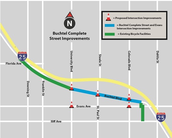 a map of future lane closures in denver on Buchtel Boulevard