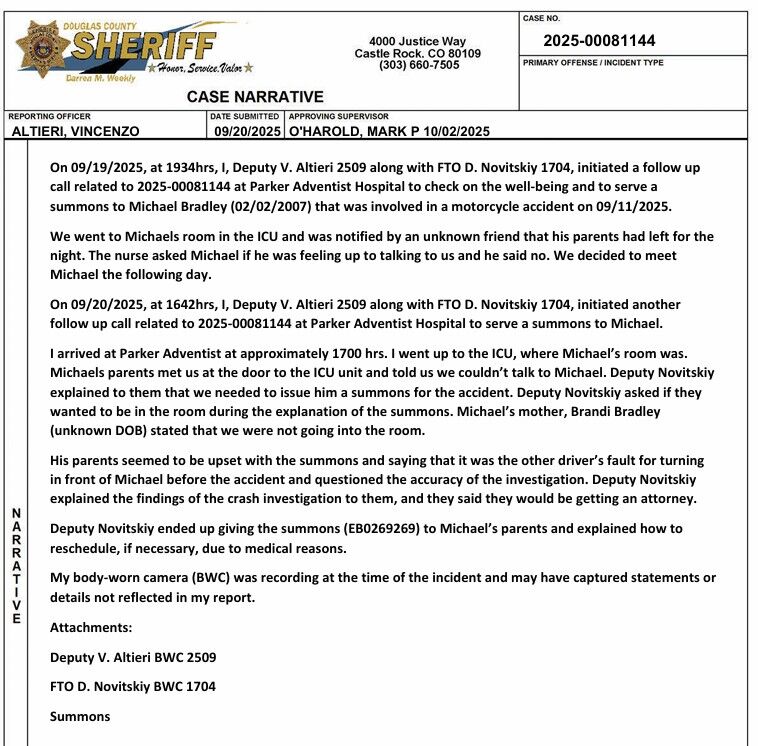 A copy of the police report provided by the Douglas County Sheriff's Office.