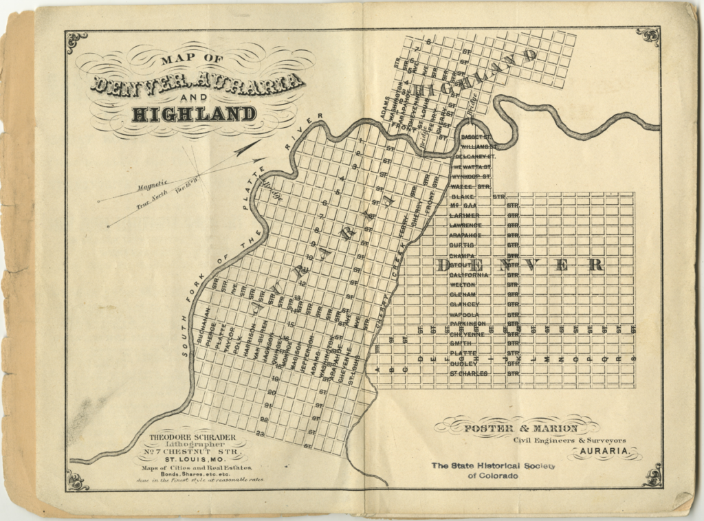 a drawing map of Denver in the late 1800s